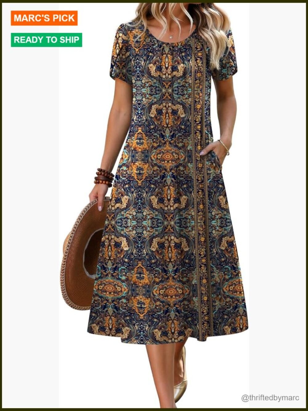 Petal Short Sleeve Midi Dress with Pockets Pleated A-Line Flowy Sundress Casual